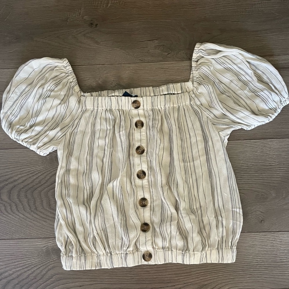 American Eagle Outfitters Cream Striped Puff Sleeve Button Front Top